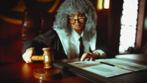 Judge in robe and wig holding a gavel while reviewing case paperwork, illustrating the settlement vs trial injury case decision