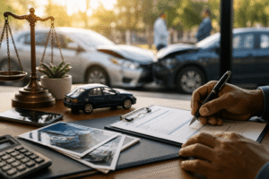 Black accident victim filing insurance claim after accident with car crash and legal documents nearby