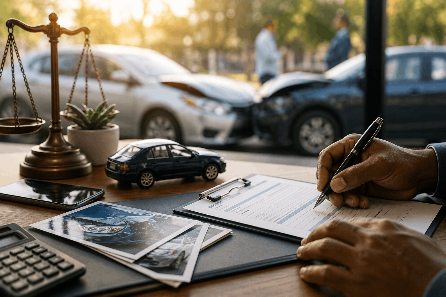 Black accident victim filing insurance claim after accident with car crash and legal documents nearby