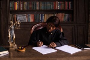 Attorney in a law library signing legal paperwork beside a Lady Justice statue and gavel, weighing a settlement vs trial injury case