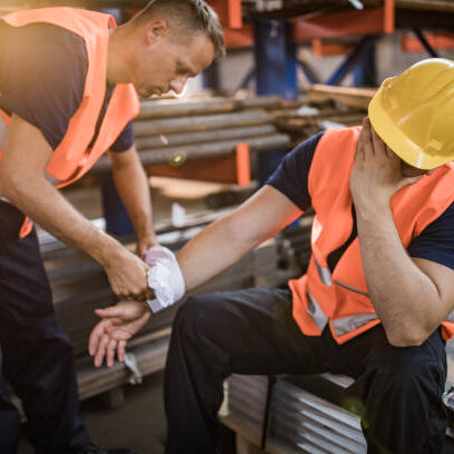 Manual worker feeling pain after having an injury at work while his colleague is helping him.